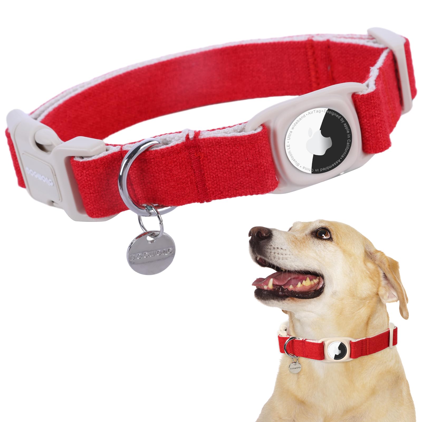 Airtag Cotton Hemp Dog Collar, Heavy-Duty Dog Collar with Airtag Holder Pink Dog Collar Natural Fabric Pet Dog Collar Cute Puppy Necklace for Small Medium Large Dog