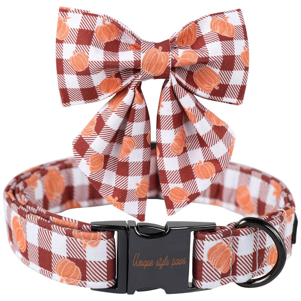 Halloween Pumpkin Plaid Dog Collar with Sailor Bow