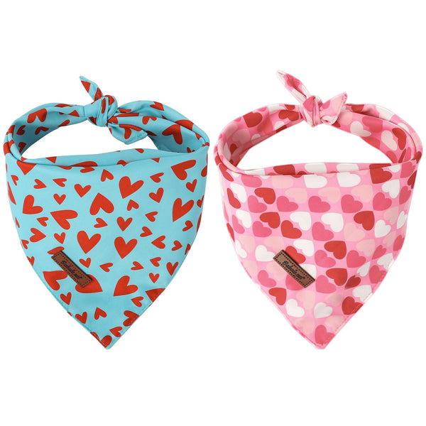 Valentine's Day Dog Bandanas 2 Pack, Pink and Sky Blue Heart Pattern Valentines Dog Scarf Bib for Boy and Girl, Cute Holiday Bandana for Dogs and Cats