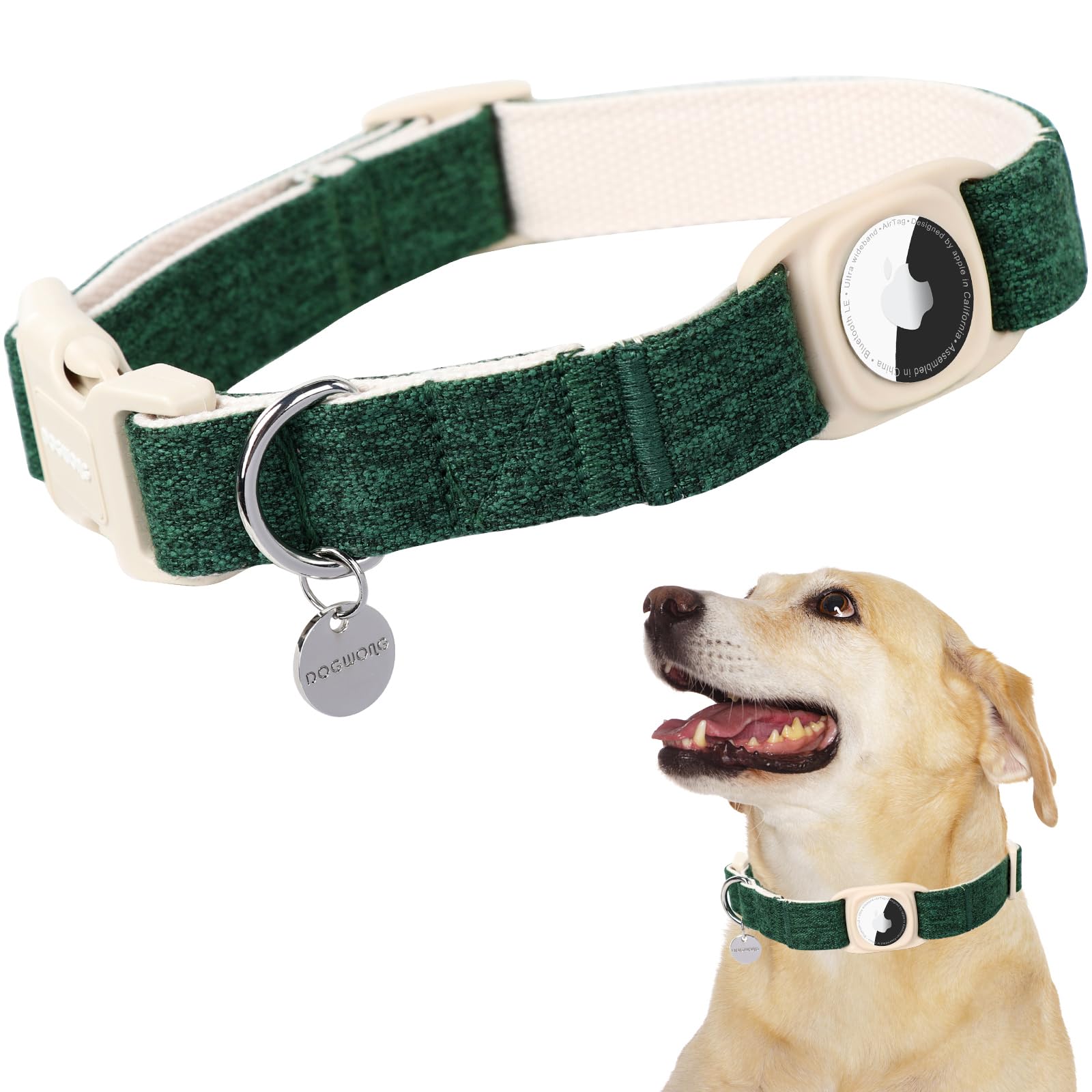 Airtag Cotton Hemp Dog Collar, Heavy-Duty Dog Collar with Airtag Holder Pink Dog Collar Natural Fabric Pet Dog Collar Cute Puppy Necklace for Small Medium Large Dog