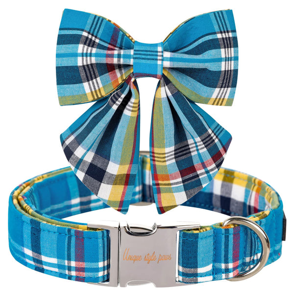 Blue Plaid Dog Collar with Sailor Bow