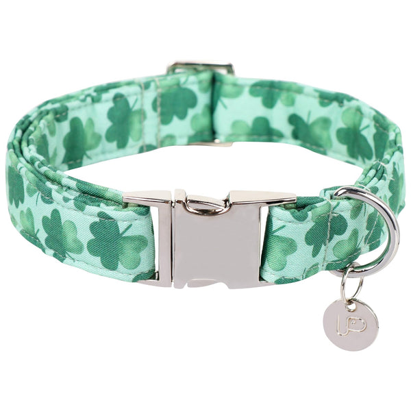 St. Patrick's Day Dog Collar, Cotton St. Patricks Day Clover Collar for Puppy Girl Boy Dog or Cat, Lucky Shamrock Dog Collar with Metal Buckle, Green, Spring
