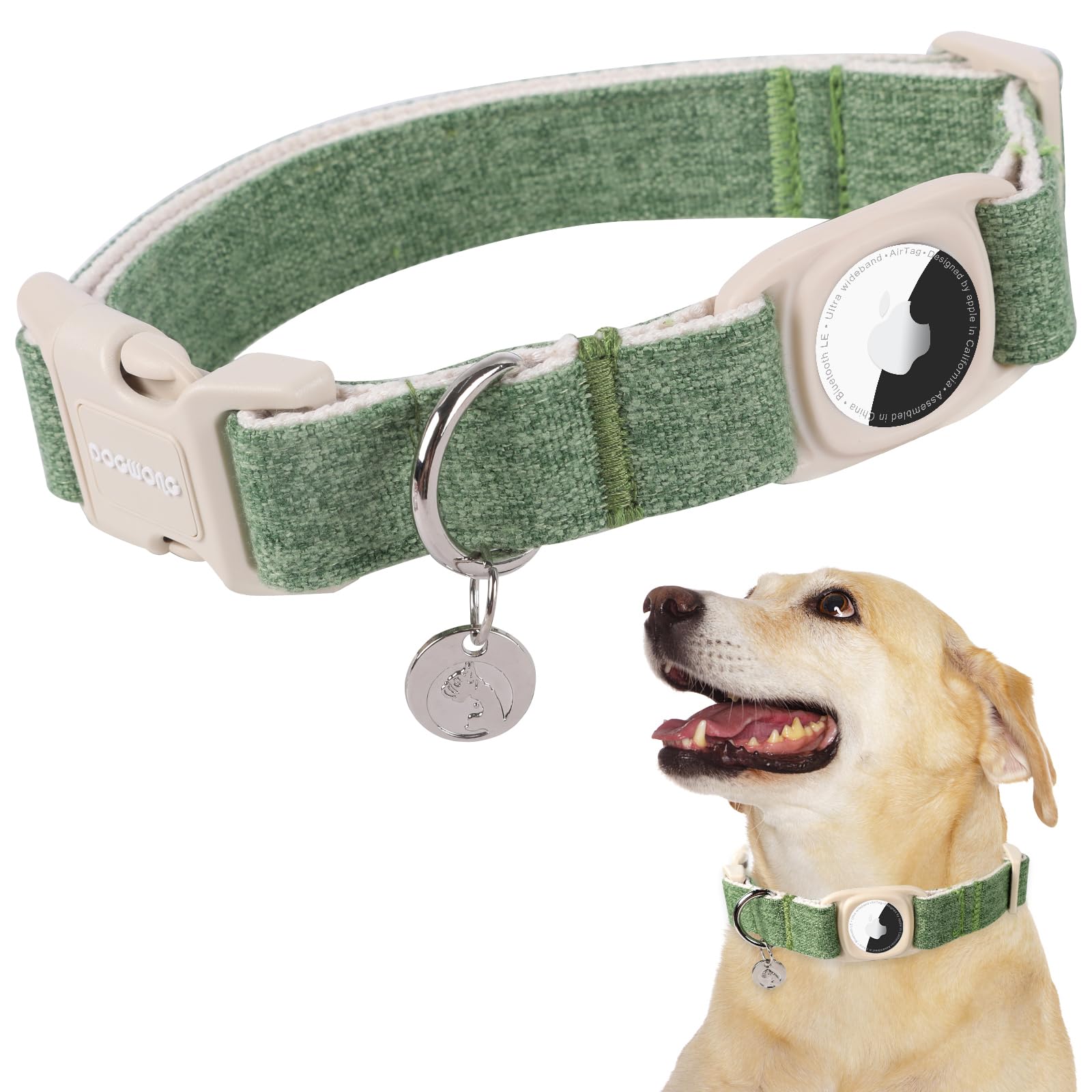 Airtag Cotton Hemp Dog Collar, Heavy-Duty Dog Collar with Airtag Holder Pink Dog Collar Natural Fabric Pet Dog Collar Cute Puppy Necklace for Small Medium Large Dog
