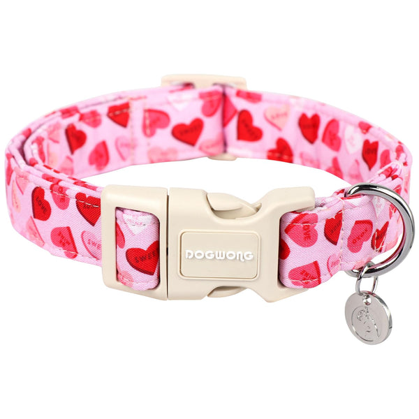 Valentine's Day Dog Collar - Pink Heart Adjustable Cotton Heart Dog Collar - Perfect Dog Collar for Small Medium Large Dogs