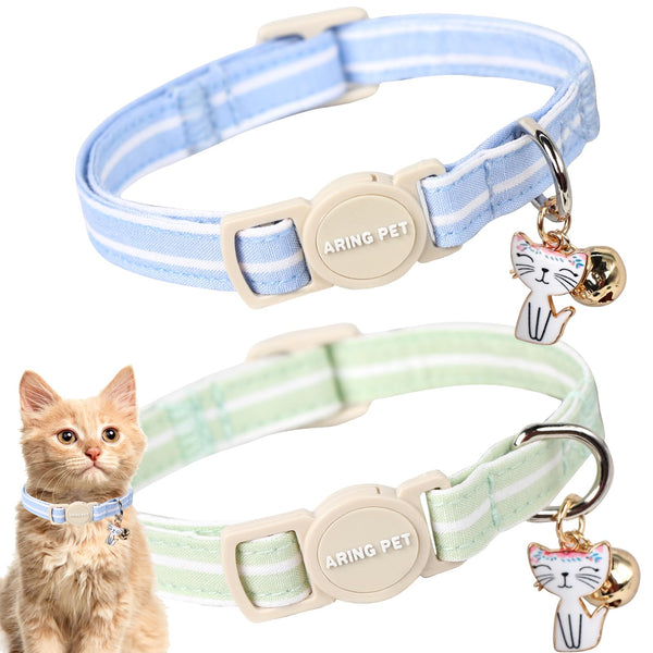 2 Pack Cat Collar-Cute Cotton Cat Collar with Bell & Pendant, Adjustable Blue Green Striped Kitten Collars with Safety Buckle for Girl and Boy Pets