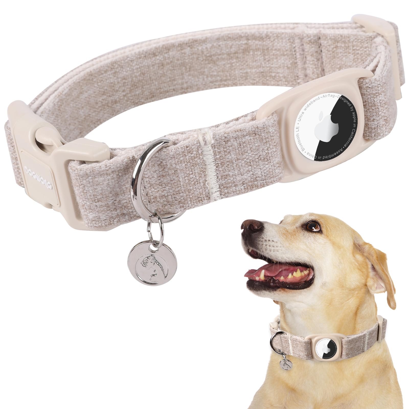 Airtag Cotton Hemp Dog Collar, Heavy-Duty Dog Collar with Airtag Holder Pink Dog Collar Natural Fabric Pet Dog Collar Cute Puppy Necklace for Small Medium Large Dog