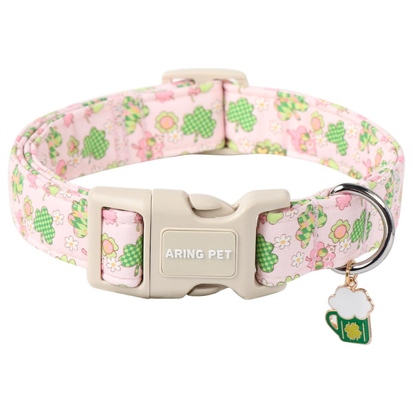 St Patrick's Day Dog Collar-Cute Pink Clovers Dog Collars, Adjustable Shamrock Pet Collars Trefoil Puppy Collar with Quick Release Buckle for Girl&Boy Dogs