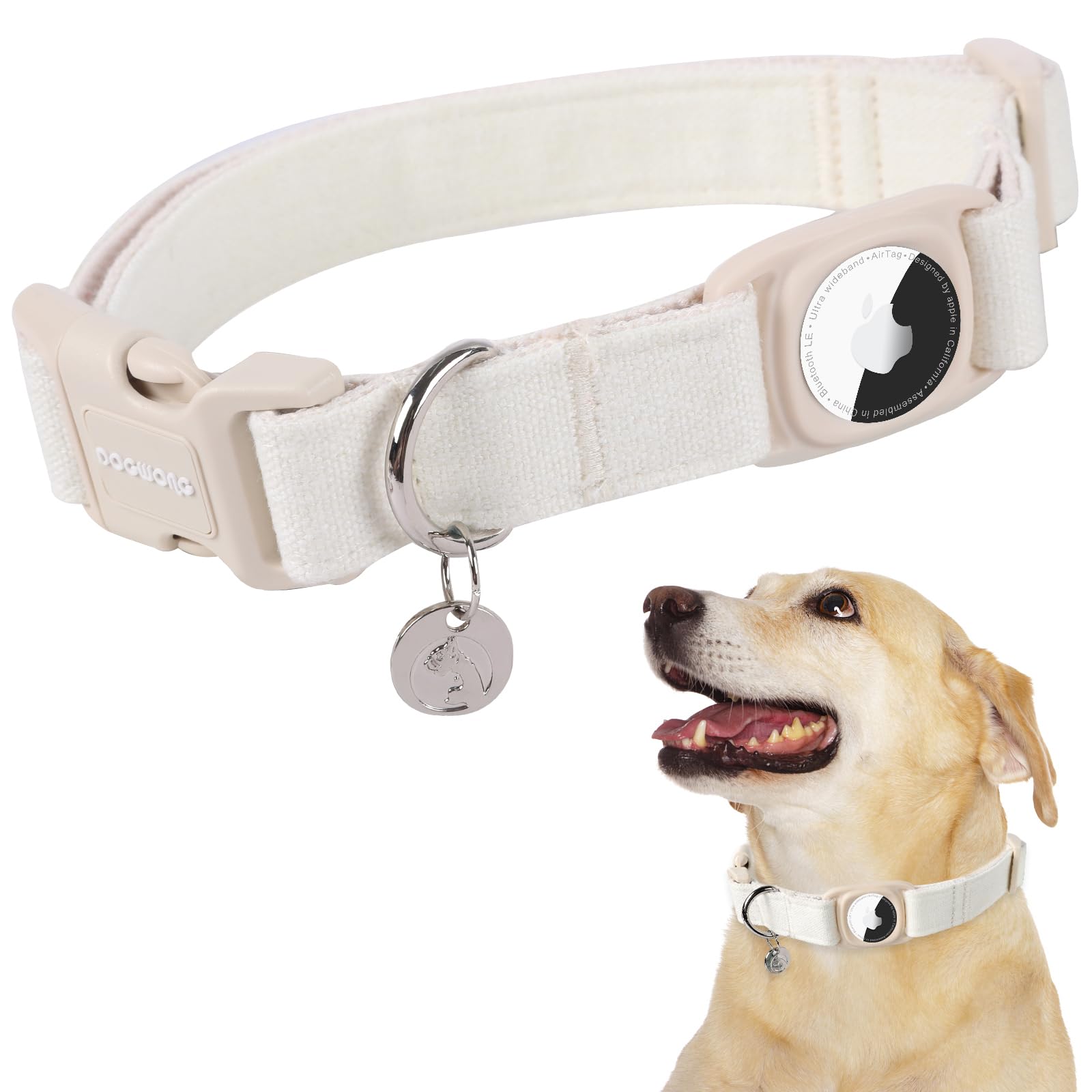Airtag Cotton Hemp Dog Collar, Heavy-Duty Dog Collar with Airtag Holder Pink Dog Collar Natural Fabric Pet Dog Collar Cute Puppy Necklace for Small Medium Large Dog