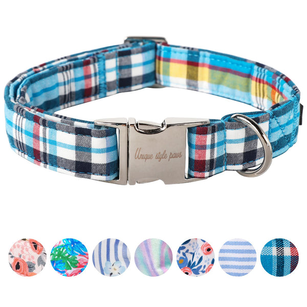 Dog Collar Metal Buckle Blue Plaid Collar Gift Durable Cute Collar for Small Medium Large Boys Girls Dogs
