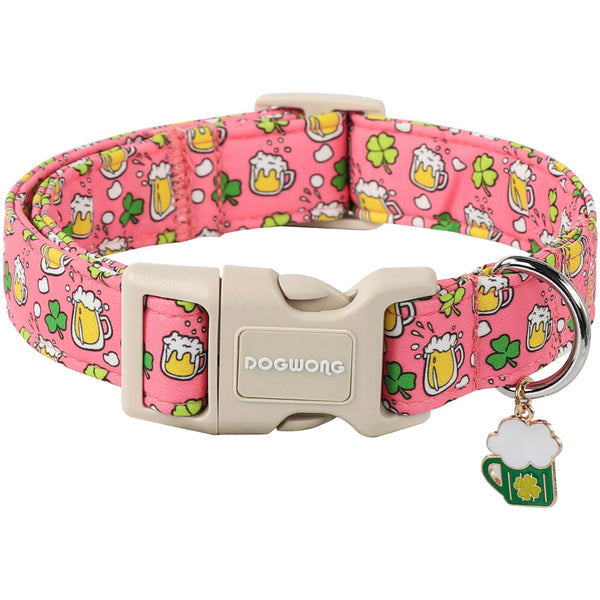 St. Patrick's Day Dog Collar, Pink Green Clover Dog Collars, Adjustable St. Patrick's Day Pet Collars Beer Dog Collar with Quick Release Buckle for Girl Female Dogs