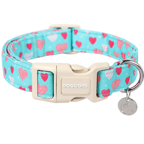 Valentine's Day Dog Collar - Blue Heart Adjustable Cotton Heart Dog Collar - Perfect Dog Collar for Small Medium Large Dogs