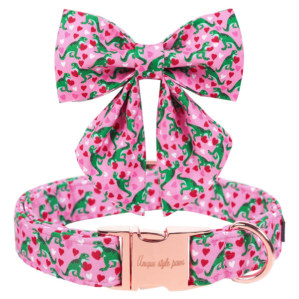 Pink Dinosaur & Heart Puppy Collar with Sailor Bow