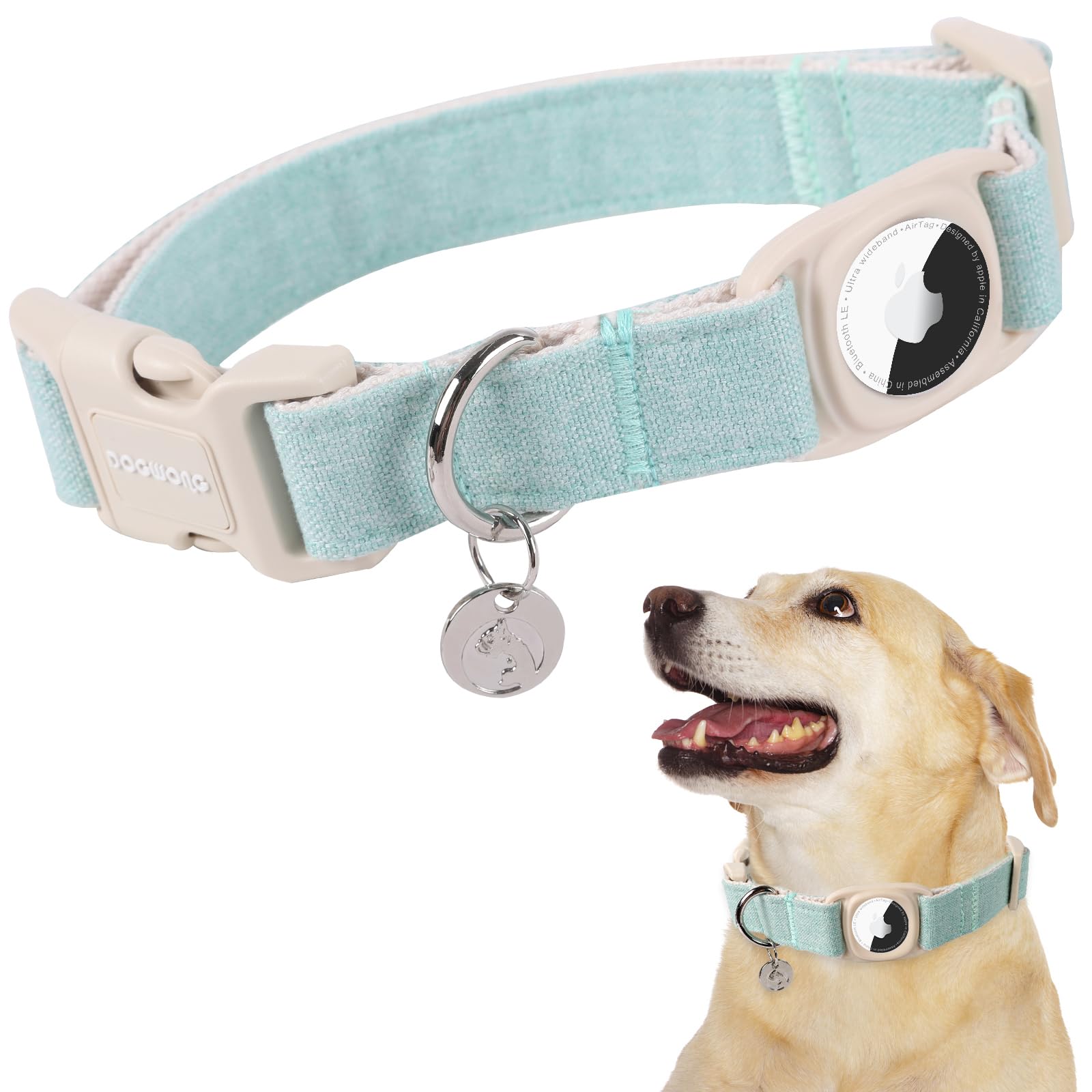Airtag Cotton Hemp Dog Collar, Heavy-Duty Dog Collar with Airtag Holder Pink Dog Collar Natural Fabric Pet Dog Collar Cute Puppy Necklace for Small Medium Large Dog