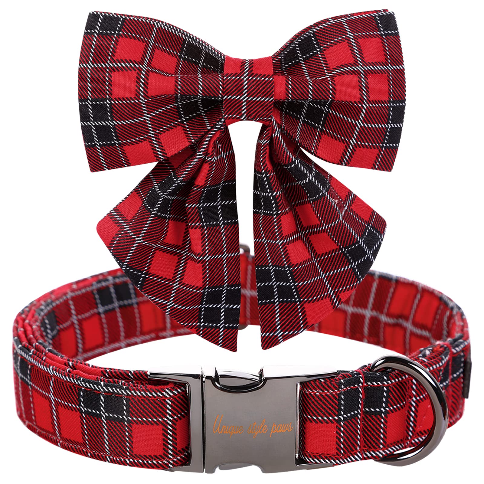 Red Black Grid Cotton Collar Adjustable Puppy Plaid Collar with Sailor Bow