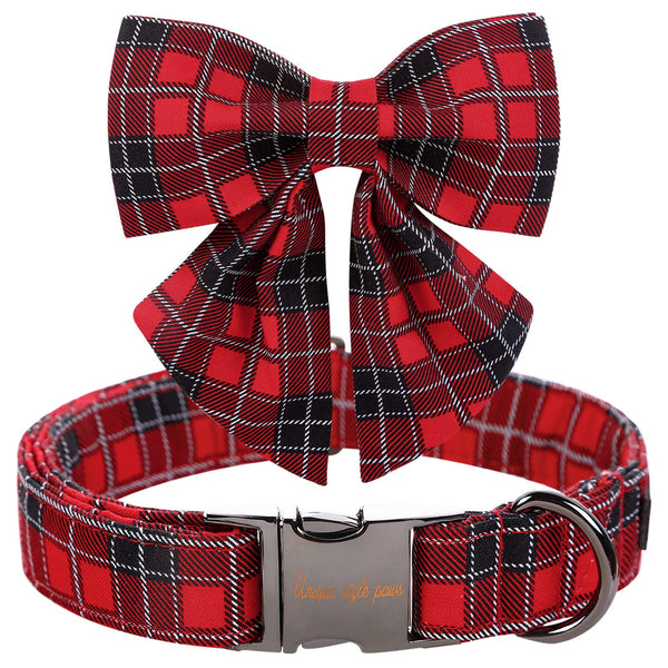 Red Black Grid Cotton Collar Adjustable Puppy Plaid Collar with Sailor Bow