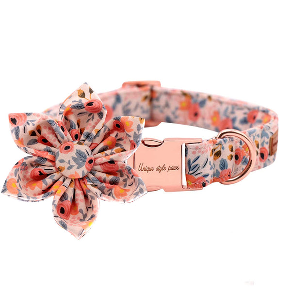 Peach Rose Adjustable Girl Dog Collar with Flower