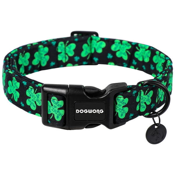 Black St. Patrick's Day Dog Collar, Green Lucky Clover Shamrock Dog Collar Soft Durable Adjustable Costume Bright Lucky Charm Puppy Collar for Small Medium Large Dog