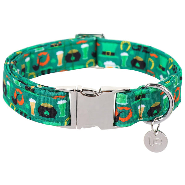 St. Patrick's Day Dog Collar, Cotton St. Patricks Day Clover Collar for Puppy Girl Boy Dog or Cat, Lucky Shamrock Dog Collar with Metal Buckle, Green, Spring