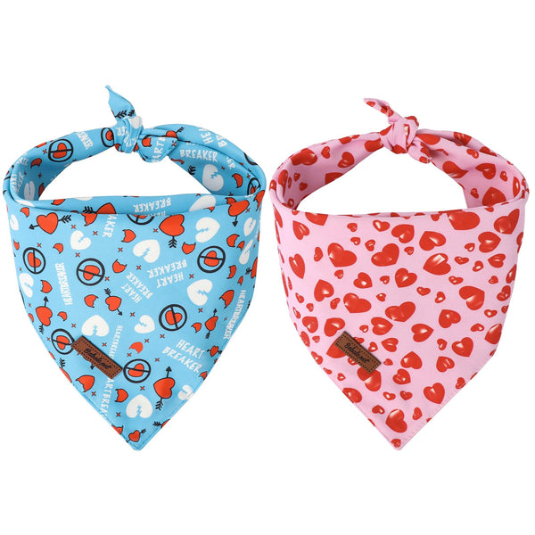 Valentine's Day Dog Bandanas 2 Pack, Pink and Blue Heart Pattern Valentines Dog Scarf Bib for Boy and Girl, Cute Holiday Bandana for Dogs and Cats