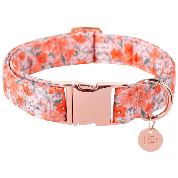 Dog Collar for Summer,Orange Flower Dog Collar,Cotton Puppy Collar with Adjustable Buckle for Small,Medium,Large Girl Boy Dog