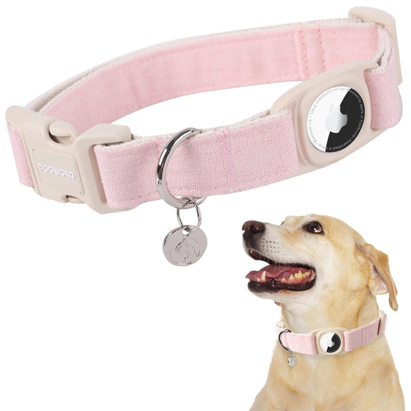 Airtag Cotton Hemp Dog Collar, Heavy-Duty Dog Collar with Airtag Holder Pink Dog Collar Natural Fabric Pet Dog Collar Cute Puppy Necklace for Small Medium Large Dog