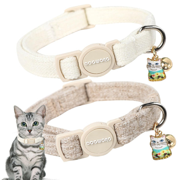 Cat Collar,2 Pack White Hemp Cat Collars Breakaway with Bell, Safety Buckle Wedding Cat Collar for Girl Boy Cats and Small Dogs，Adjustable 7-12 Inch,Pet Supplies Accessories