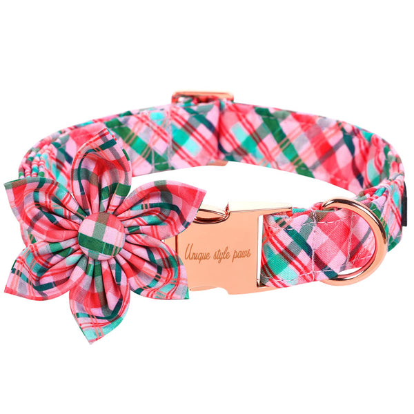 Pink & Green Plaid Dog Collar With Flower