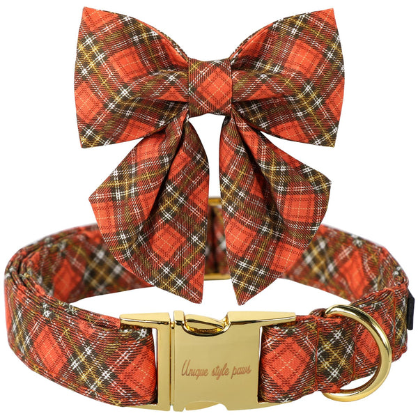 Halloween Pumpkin Plaid Dog Collar with Sailor Bow