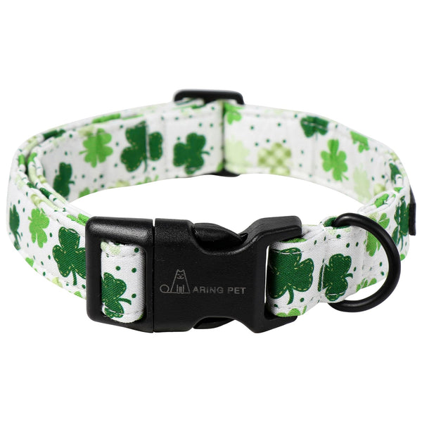 St Patrick's Day Dog Collar-Cute Clovers Dog Collar, Adjustable Cotton Shamrock Pet Collar Puppy Collars with Quick Release Buckle