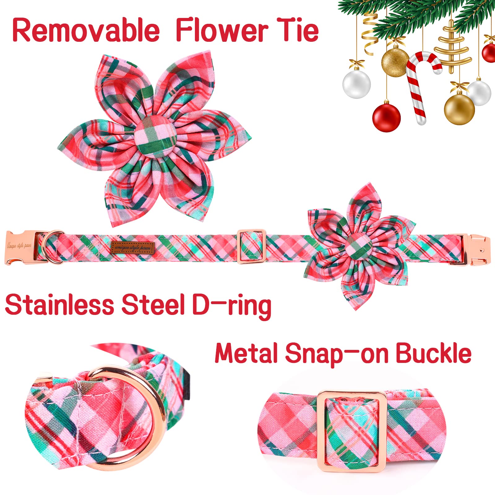 Pink & Green Plaid Dog Collar With Flower