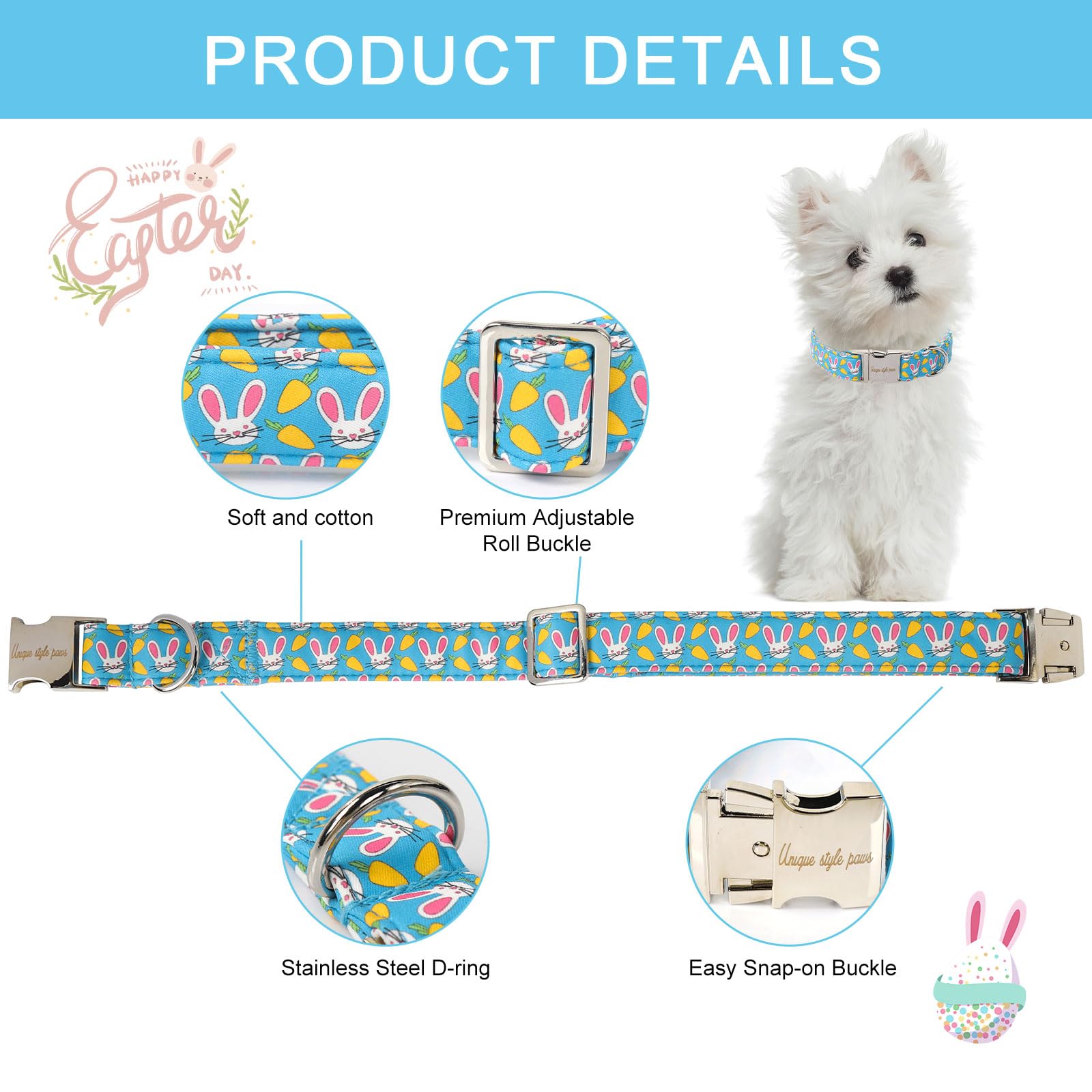 Dog Collar Metal Buckle Collar for Easter Gift Pink Ear Rabbit Carrot Durable Cotton Collar for Small Medium Large Boys Girls Dogs