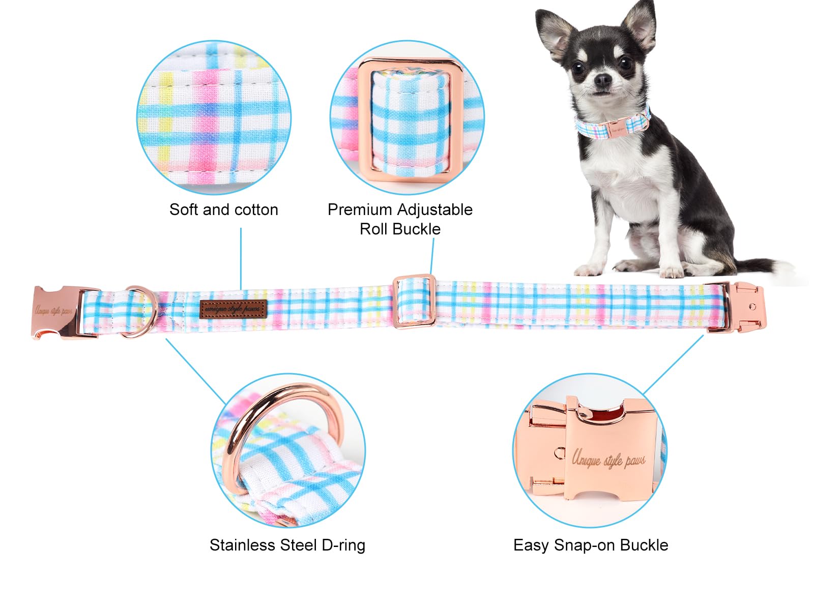 Dog Collar Metal Buckle Blue Pink Grid Collar Gift Durable Cute Collar for Small Medium Large Boys Girls Dogs
