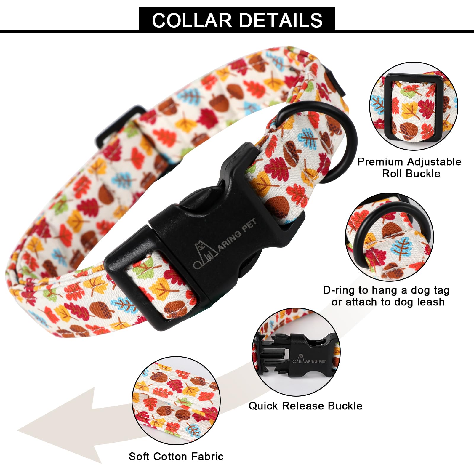 Fall Dog Collar-Cotton Maple Leaves Dog Collar for Small Dogs, Adjustable Lightweight Dog Collars with Quick Release Buckle for Small Medium Large Dogs