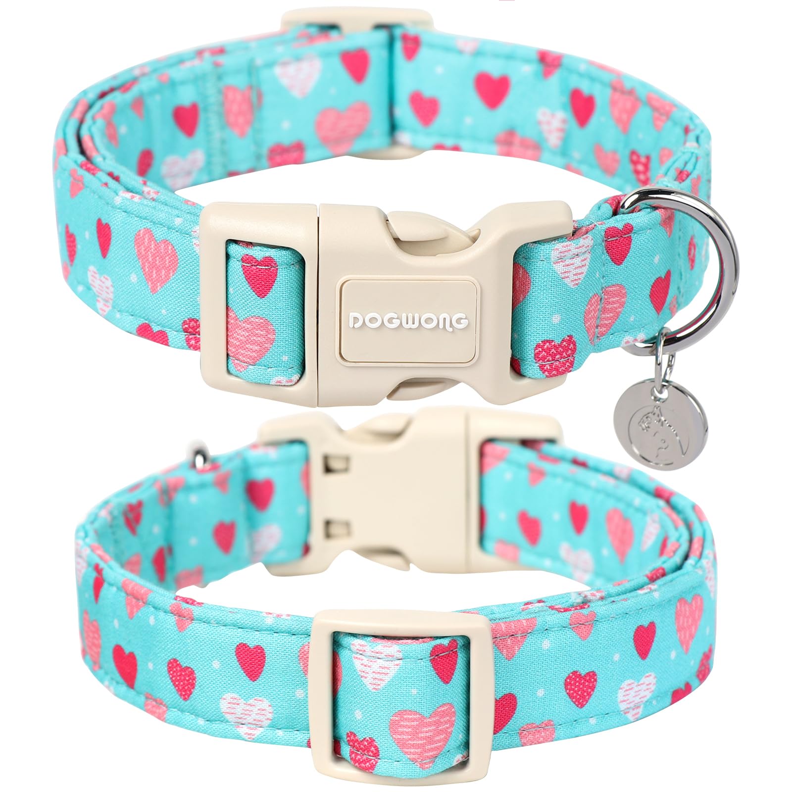Valentine's Day Dog Collar - Blue Heart Adjustable Cotton Heart Dog Collar - Perfect Dog Collar for Small Medium Large Dogs
