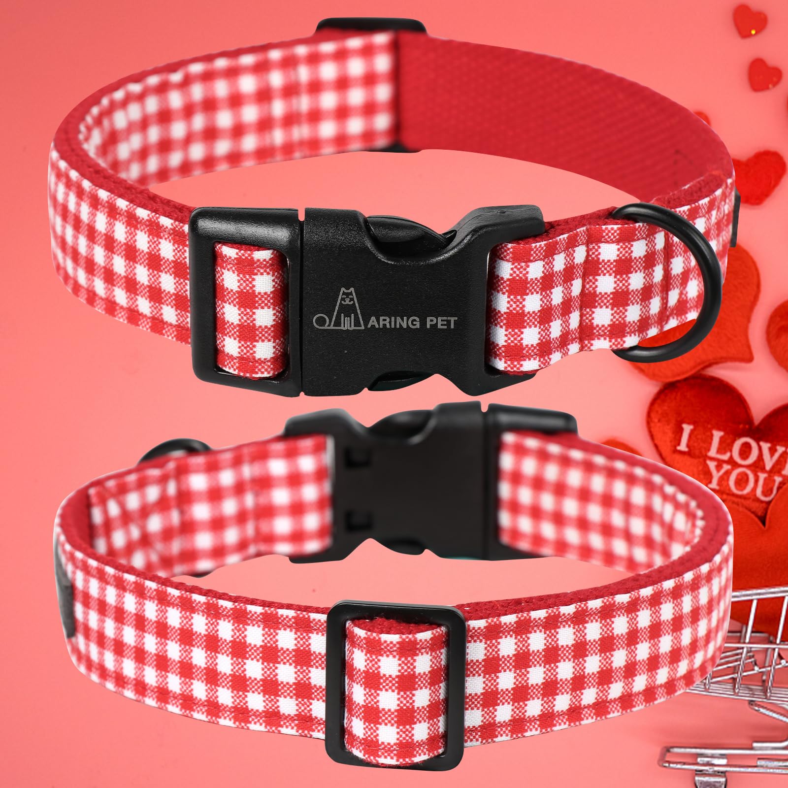 Valentine's Day Dog Collar-Cute Cotton Heart Dog Collars, Adjustable Valentine Plaid Pet Collars Girl Puppy Collar with Quick Release Buckle