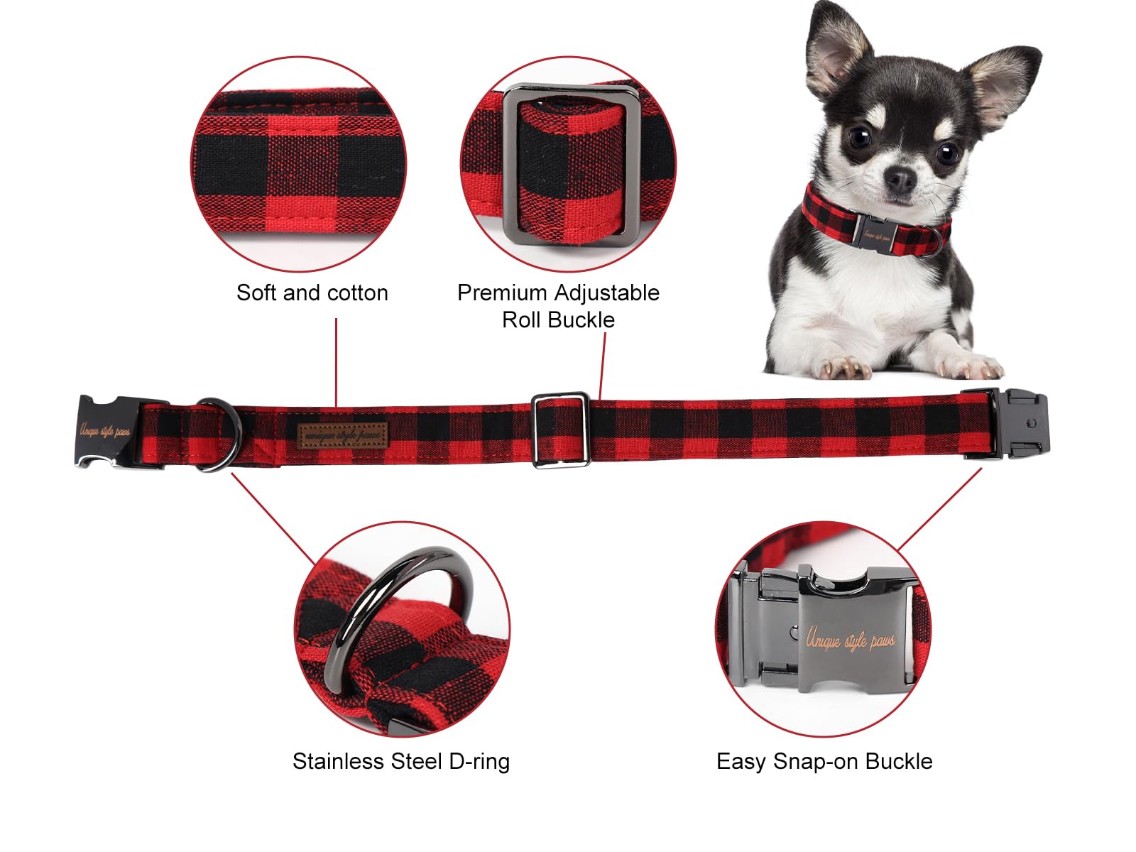 Christmas Dog Collar Metal Buckle Red Black Plaid Puppy Collar Gift Durable Cute Collar for Small Medium Large Boys Girls Dogs