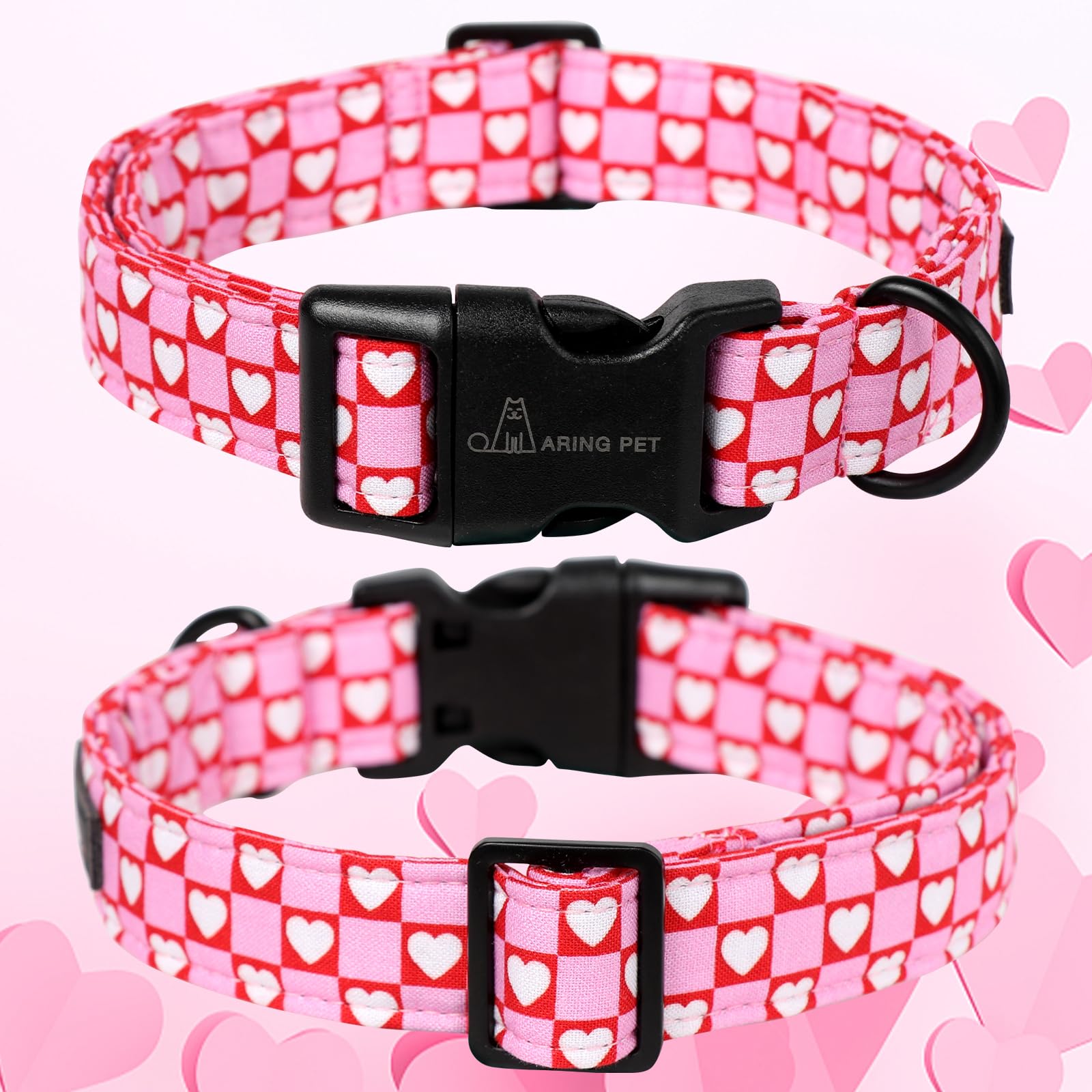Valentine's Day Dog Collar-Cotton Pink Heart Dog Collar, Adjustable Valentine Pet Collars Girl Puppy Collar with Quick Release Buckle