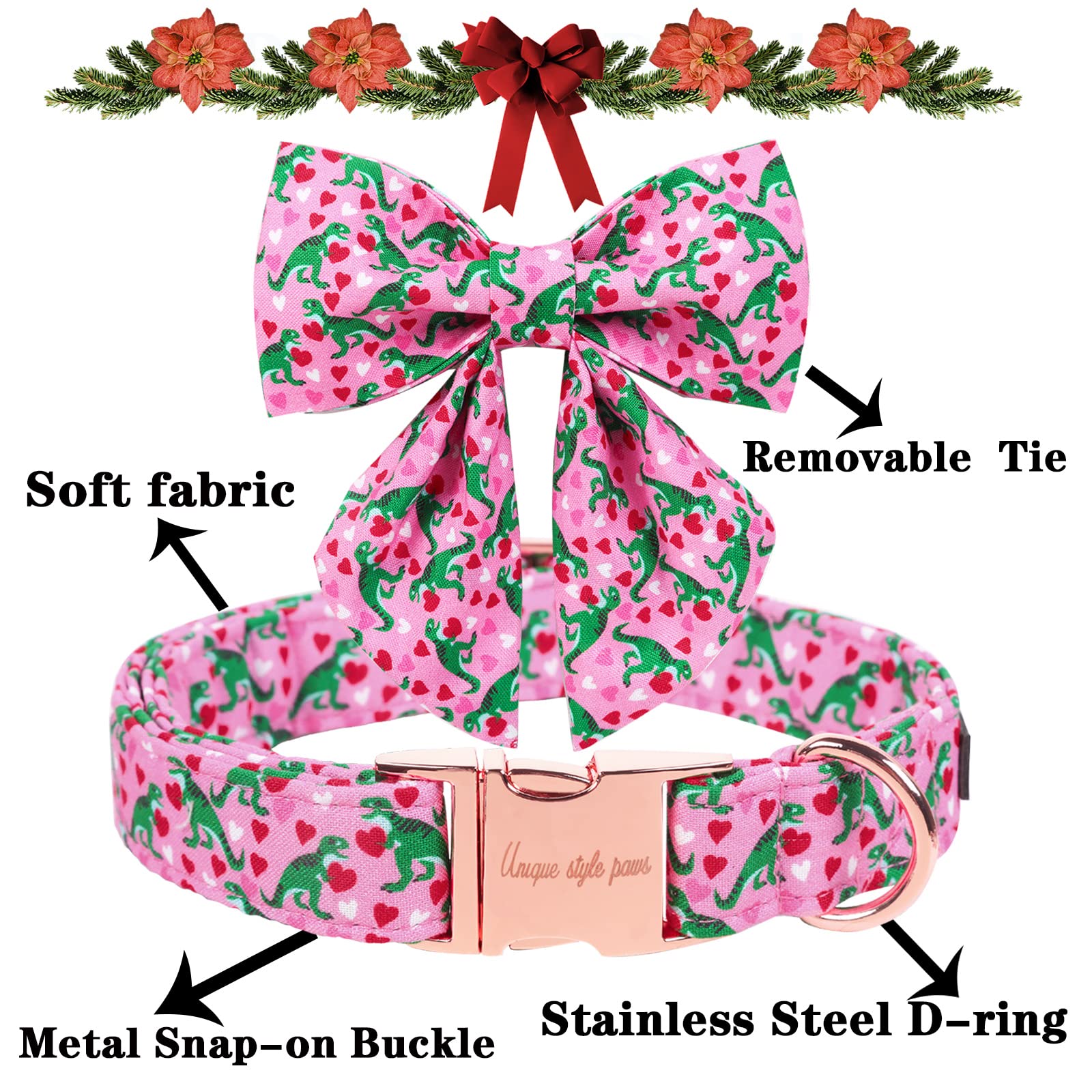 Pink Dinosaur & Heart Puppy Collar with Sailor Bow