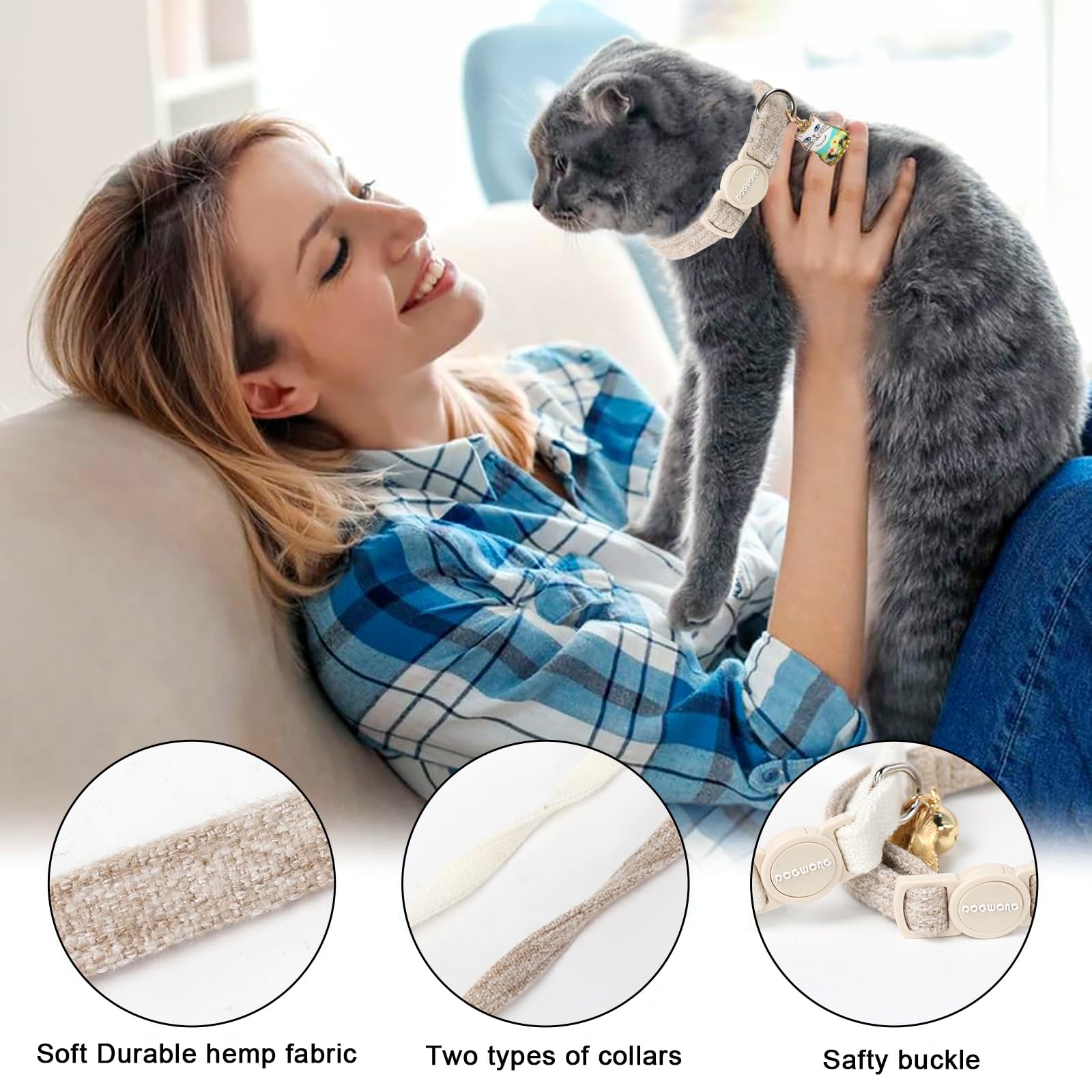 Cat Collar,2 Pack White Hemp Cat Collars Breakaway with Bell, Safety Buckle Wedding Cat Collar for Girl Boy Cats and Small Dogs，Adjustable 7-12 Inch,Pet Supplies Accessories