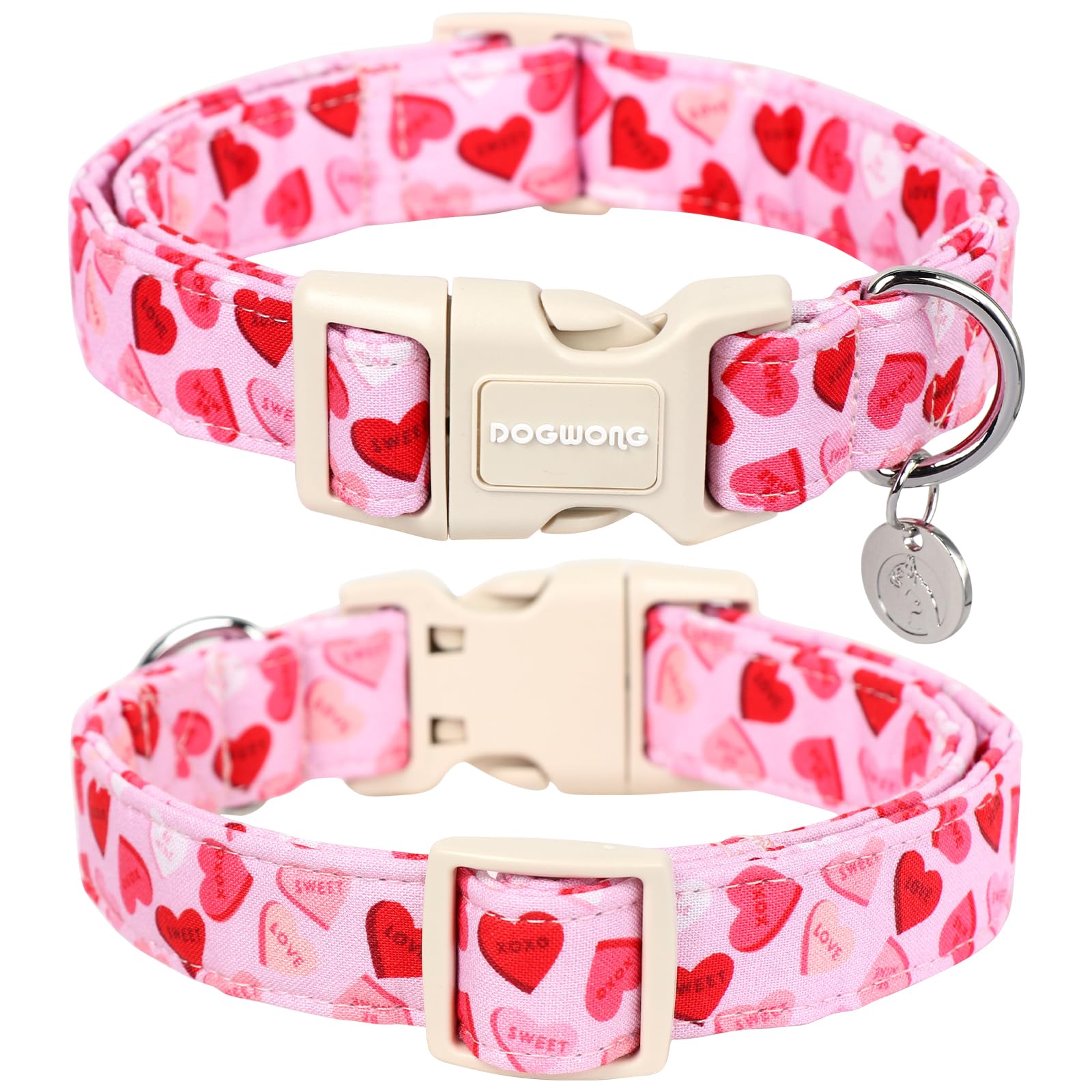 Valentine's Day Dog Collar - Pink Heart Adjustable Cotton Heart Dog Collar - Perfect Dog Collar for Small Medium Large Dogs