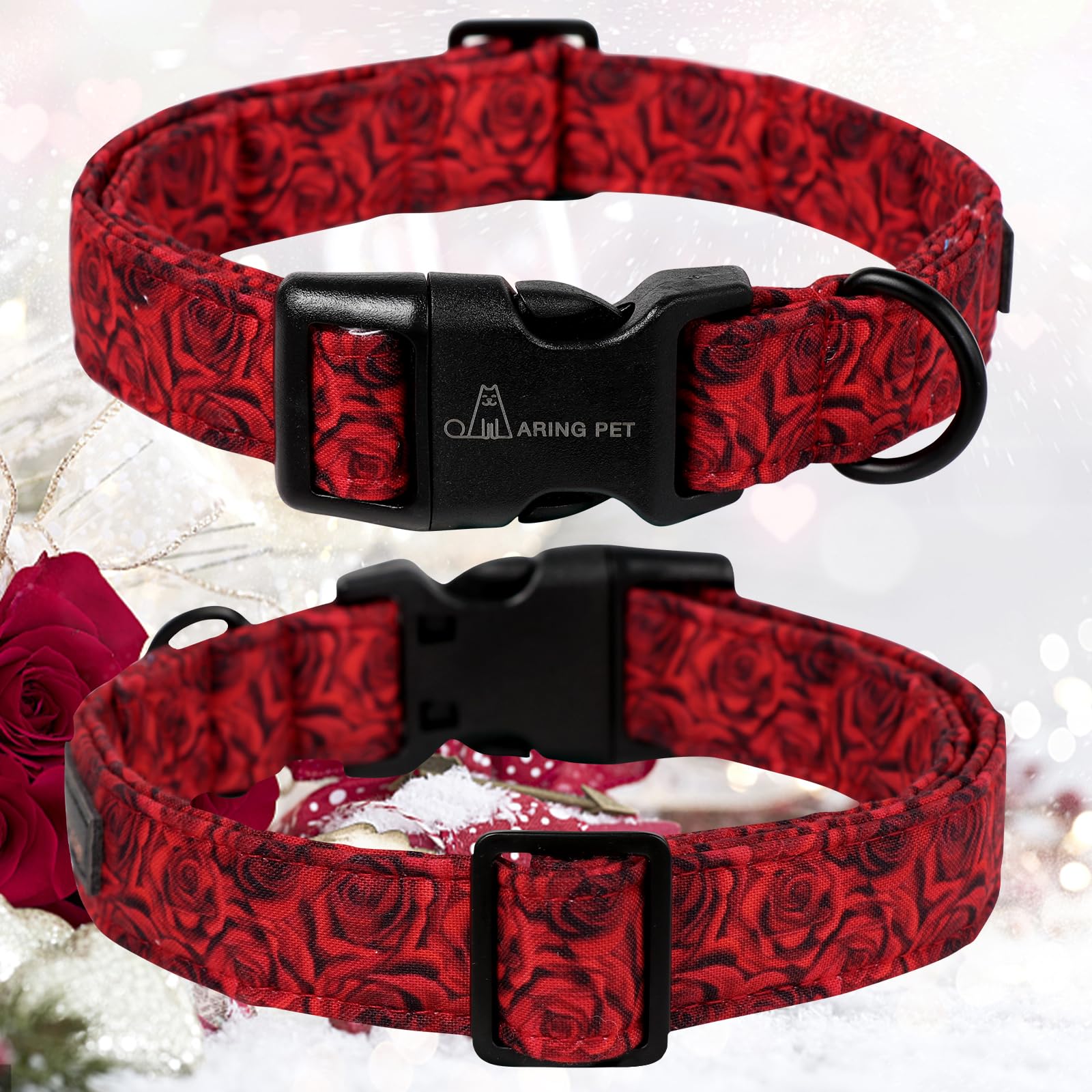 Valentine's Day Dog Collar-Cotton Red Rose Dog Collars, Adjustable Valentine Pet Collars Puppy Collar with Quick Release Buckle