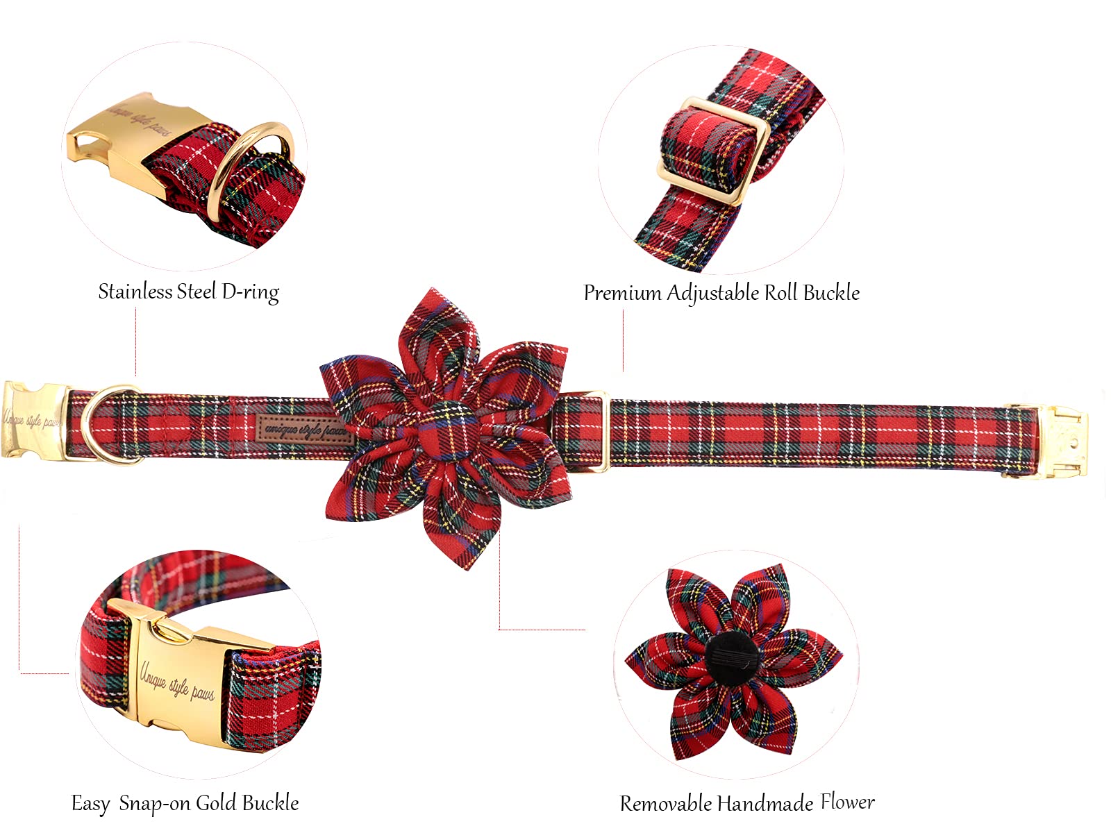 Christmas Grid Dog Collar, Female or Male Adjustable Dog Collar with Flower