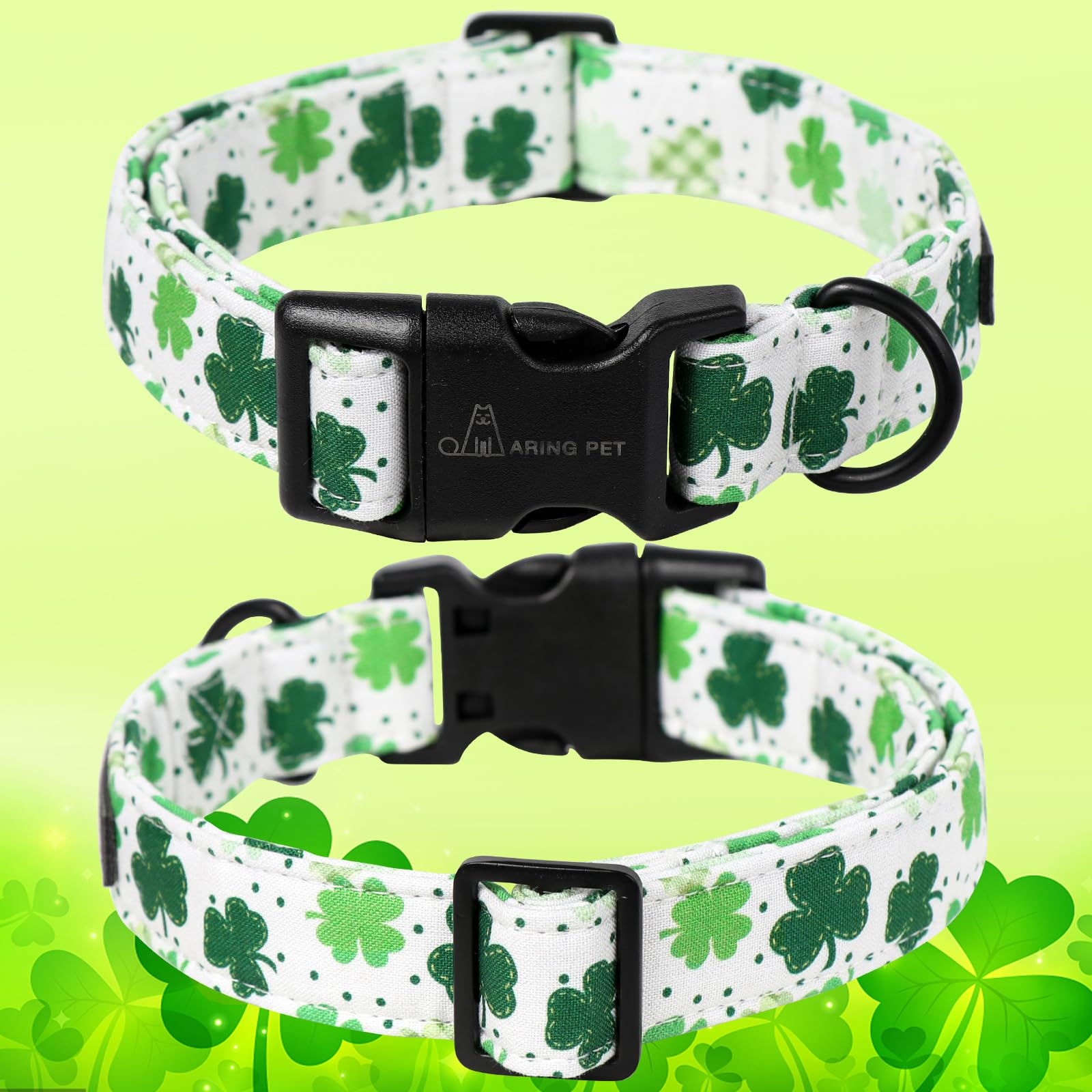St Patrick's Day Dog Collar-Cute Clovers Dog Collar, Adjustable Cotton Shamrock Pet Collar Puppy Collars with Quick Release Buckle