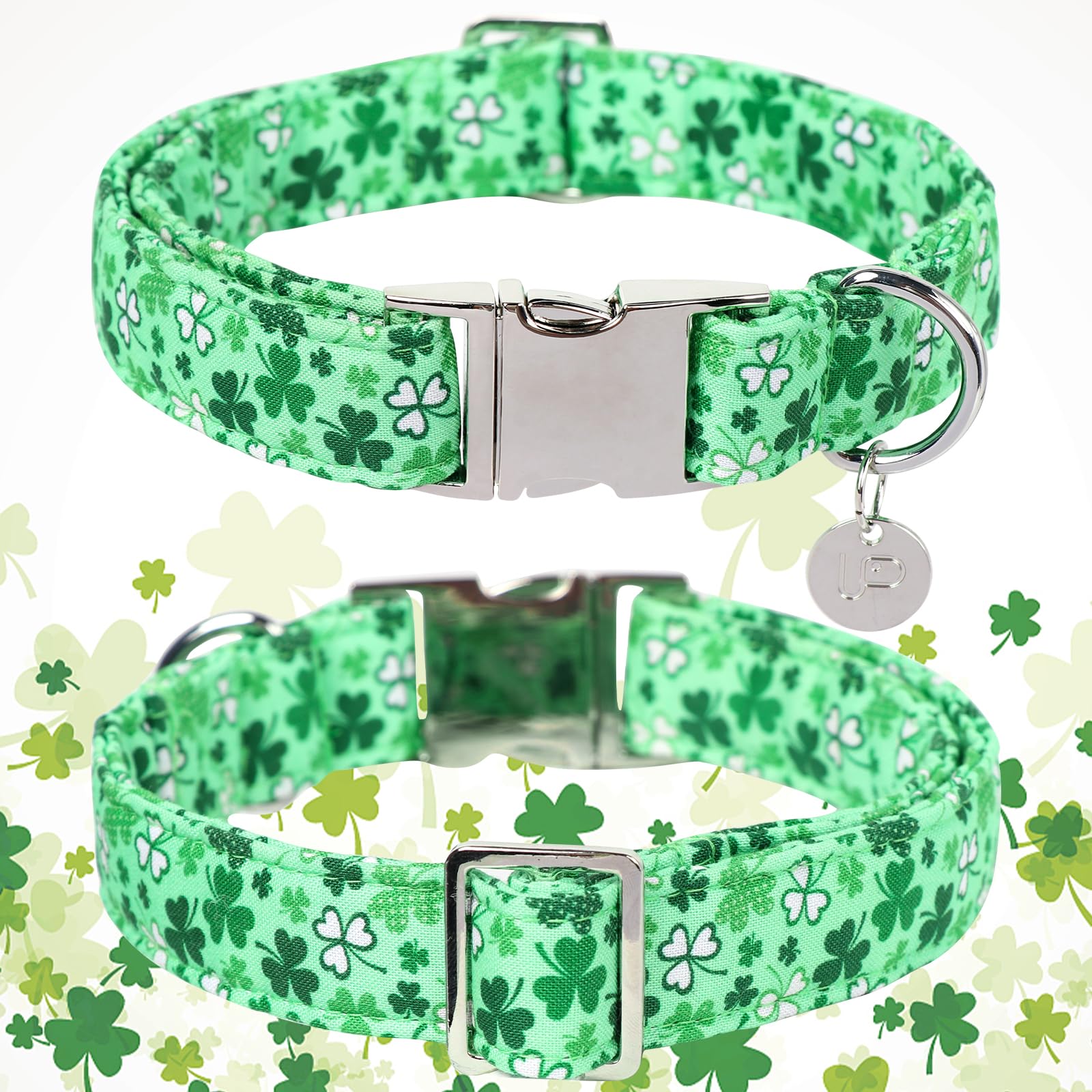 St. Patrick's Day Dog Collar, Cotton St. Patricks Day Clover Collar for Puppy Girl Boy Dog or Cat, Lucky Shamrock Dog Collar with Metal Buckle, Green, Spring