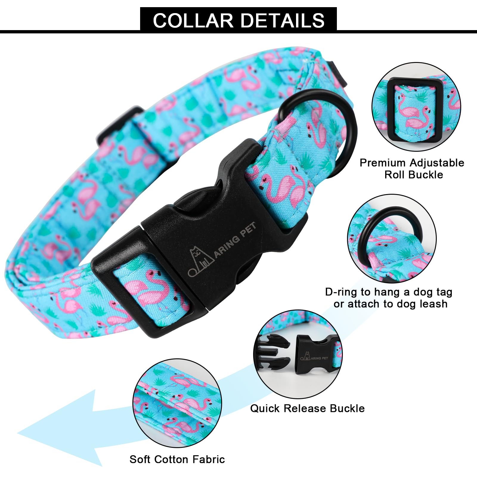 Flamingo Dog Collar-Cute Cotton Small Dog Collars, Adjustable Lightweight Summer Pet Collars for Small Medium Large Boy and Girl Dogs