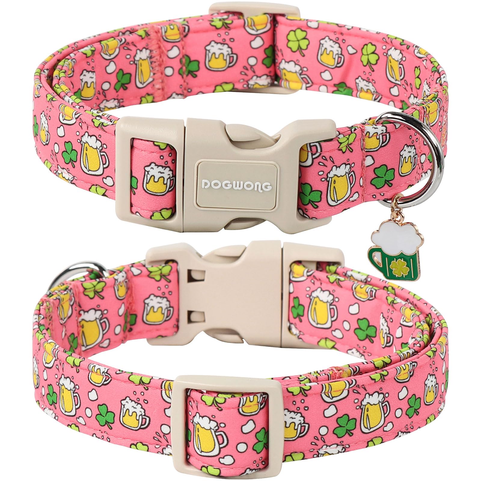 St. Patrick's Day Dog Collar, Pink Green Clover Dog Collars, Adjustable St. Patrick's Day Pet Collars Beer Dog Collar with Quick Release Buckle for Girl Female Dogs