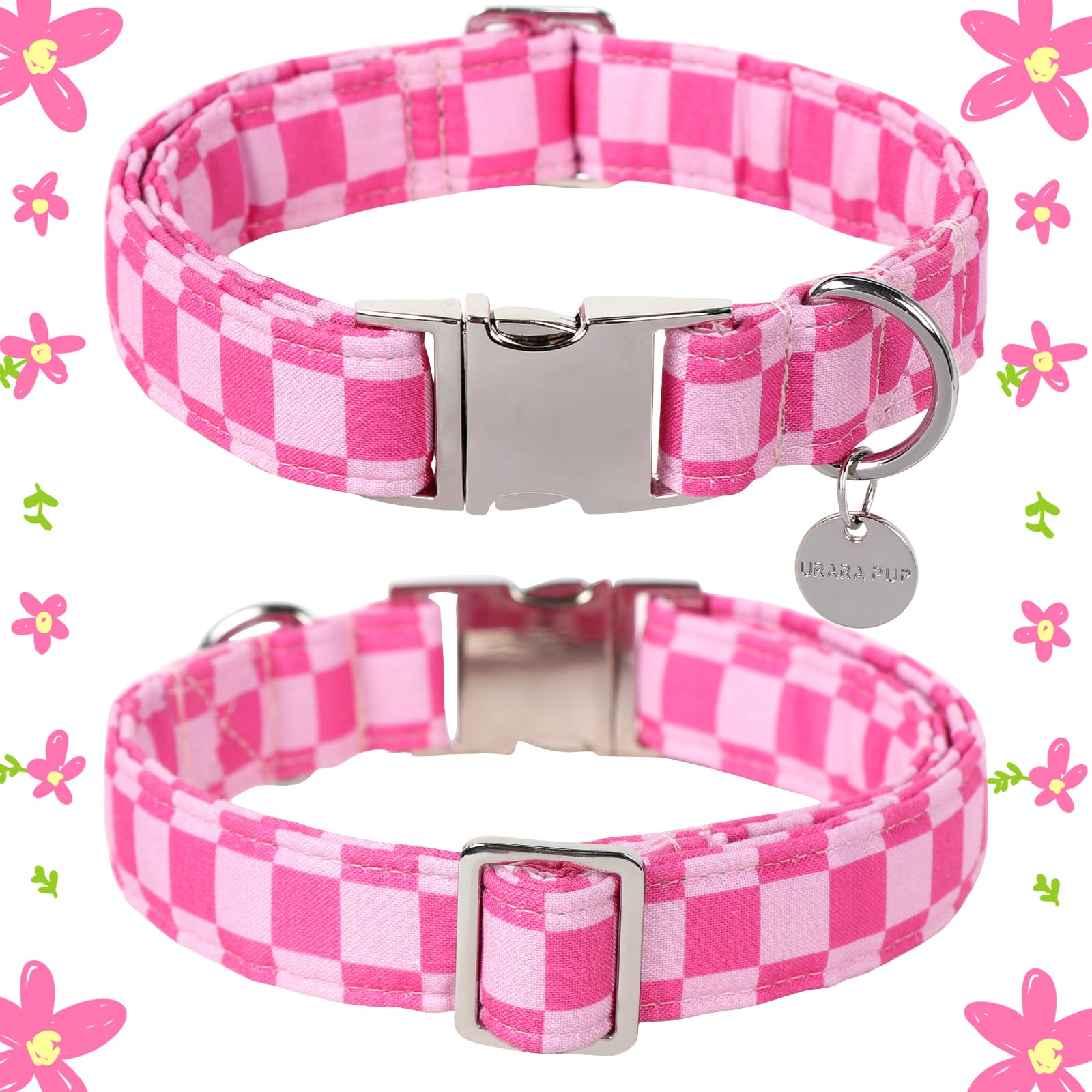 Dog Collar for Summer,Cute Pink Plaid Dog Collar,Cotton Puppy Collar with Adjustable Metal Buckle for Small,Medium,Large Girl Boy Dog