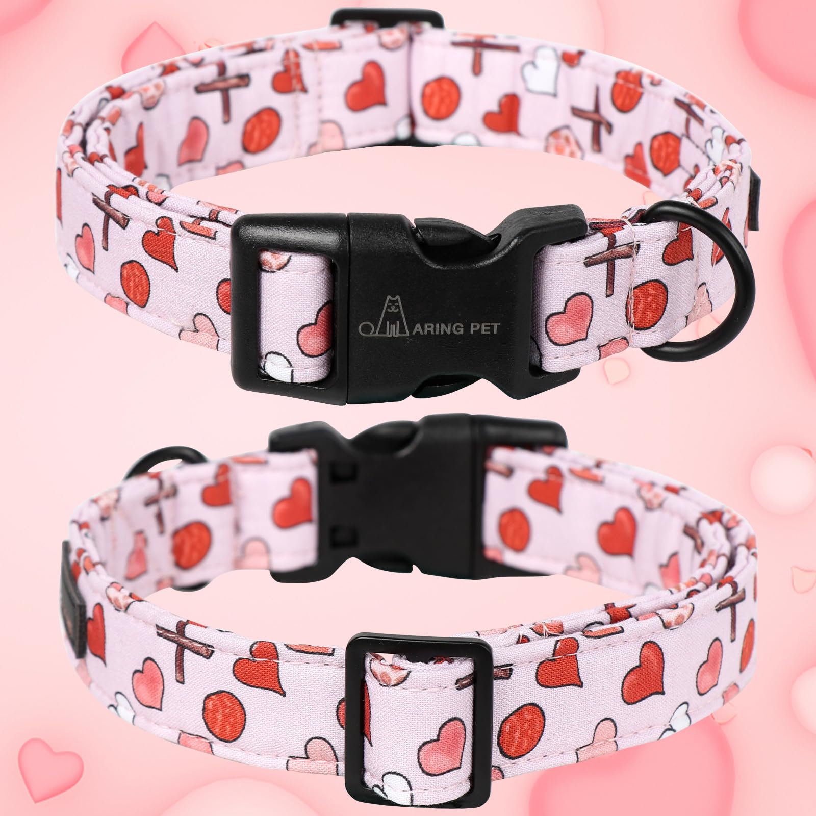 Valentine's Day Dog Collar-Cotton Pink Heart Dog Collars, Adjustable Valentine Pet Collars Girl Puppy Collar with Quick Release Buckle
