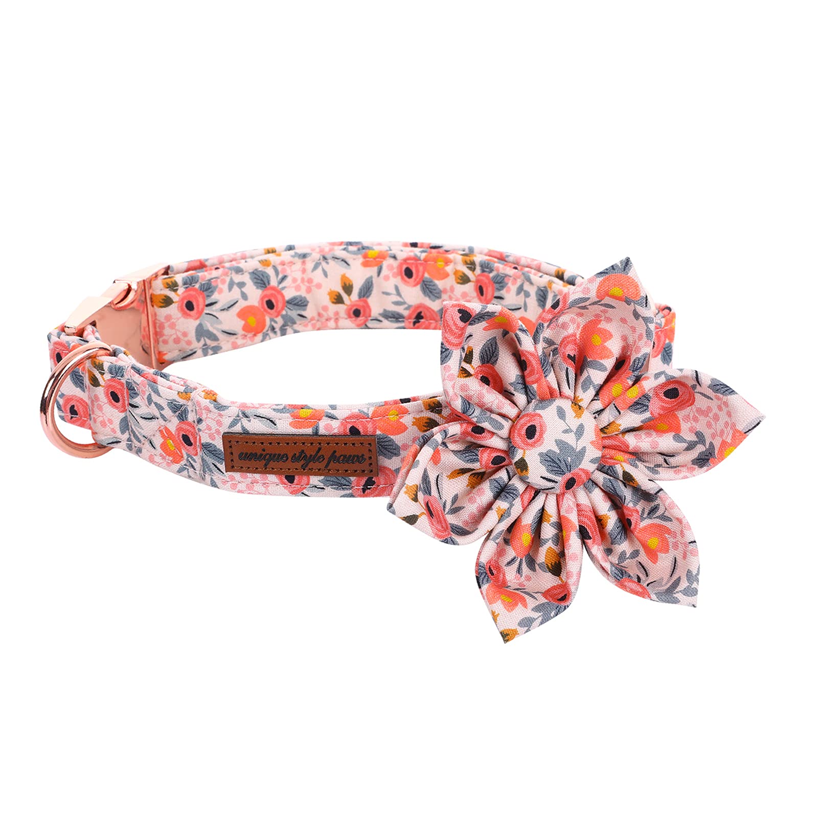 Peach Rose Adjustable Girl Dog Collar with Flower