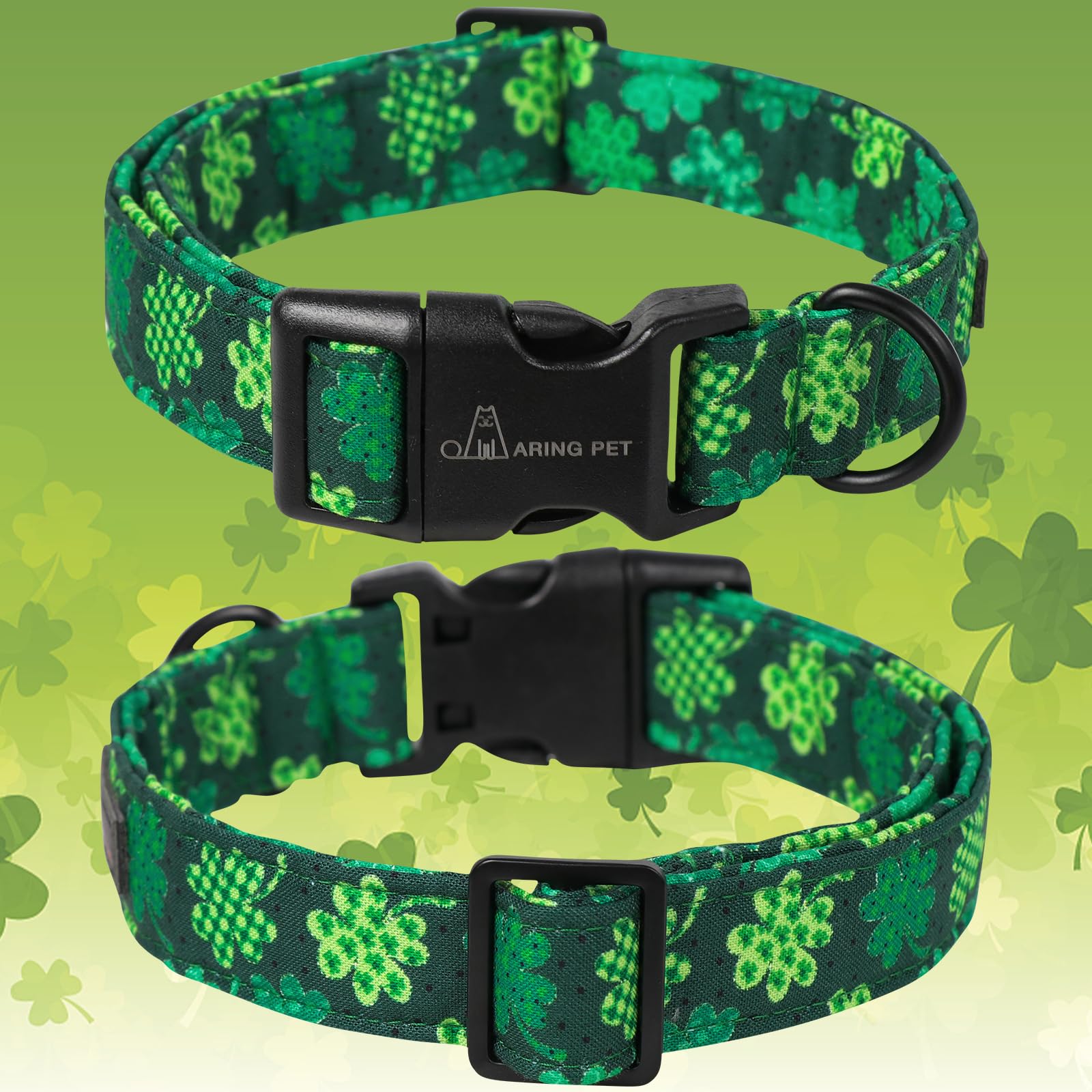 St Patrick's Day Dog Collar-Cute Clovers Dog Collar, Adjustable Cotton Shamrock Pet Collar Trefoil Puppy Collars with Quick Release Buckle
